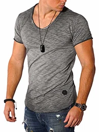 REHYPE Herren T-Shirt Kurzarm V-Neck Ausschnitt Oversize Basic S-110 Dunkelgrau (Faded) M