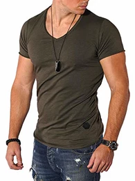 REHYPE Herren T-Shirt Kurzarm V-Neck Ausschnitt Oversize Basic S-110 Khaki M
