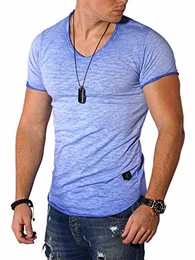 REHYPE Herren T-Shirt Kurzarm V-Neck Ausschnitt Oversize Basic S-110 Blau (Faded) M