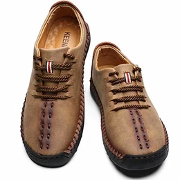 KEENPACE Herren Flach Mokassins Outdoor Trekking-Schnürschuhe aus Leder Lässiger Fahrschuh Halbschuhe Weiche Schuhe Leicht Bootsschuhe Loafer Freizeit Khaki 43 EU
