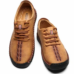 KEENPACE Herren Flach Mokassins Outdoor Trekking-Schnürschuhe aus Leder Lässiger Fahrschuh Halbschuhe Weiche Schuhe Leicht Bootsschuhe Loafer Freizeit Braun 43 EU