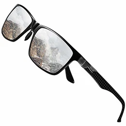 Herren Polarisierte Sonnenbrille mit Rechteckig Metallrahmen und Kohlefaser Brille Beine UV400 CAT 3 CE 8206 (Schwarz Rahmen Silber Linse)