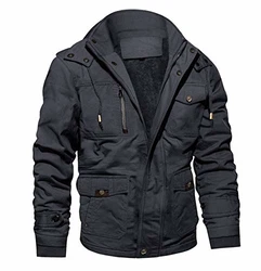 MAGCOMSEN Herren Militär Winterjacke Übergangsjacke mit Abnehmbarer Kapuze Bomberjacke Bikerjacke Parka mit Innenfleece Grau
