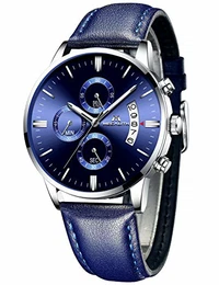 Herrenuhr Militär Blau Chronographen Sport Wasserdicht Leder Armbanduhr Design Business Datum Modisch Analog Uhren