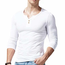 Alivebody Herren Langarm Muscle Slim Fitted Baumwolle Henley T-Shirt mit Knöpfen Gr. S, Weißes Langarmshirt