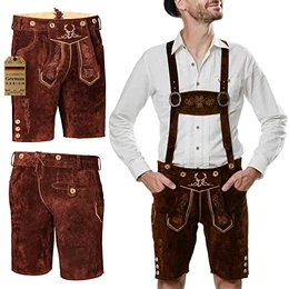 Lederhose Herren Tracht - Trachtenhose Herren aus Echtem Leder - Oktoberfest Kurze Lederhosen Männer - Echt Bayrische Trachtenlederhosen für Herren Dunkelbraun Kurz - 52