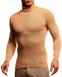 Herren Pullover mit Rollkragen Slim Fit Langarmshirt Schwarzer Männer dünner Strickpullover - Sweatshirt Rollkragenpullover - Pulli Sommer LN1670 D. Beige Medium