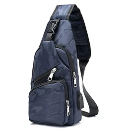 Brusttasche mit USB-Aufladung, Brusttasche Sling mit Verstellbarem, Rucksack Schultertasche für Männer (einschließlich 1 * USB-Kabel) - Blau Tarnung