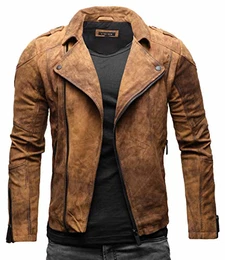 Theo Herren Lederjacke Basic Biker Jacke aus weichem Rindsleder (M, Vintage Braun (Wildleder))