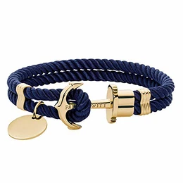 Anker Armband mit Gravur PHREP - Segeltau Armband Nylon Damen und Herren (Marineblau), individuelle Wunschgravur mit Anhänger Schmuck aus IP-Edelstahl (Gold) in Größe XXL