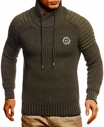 Herren Pullover Pulli Strickpullover mit Schalkragen Winterpullover Slim Fit LN5235 Khaki Schwarz Medium