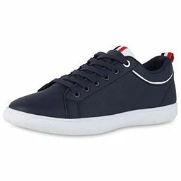 Herren Sneaker Low Turnschuhe Schnürer Lack Leder-Optik Schuhe Bequeme Freizeitschuhe 190765 Dunkelblau Blau 41