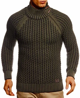 Leif Nelson Herren Pullover Rollkragen Slim Fit LN5295 Khaki/Schwarz (LN5295)