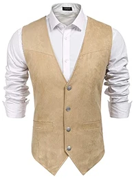 Herren Wildleder Anzug Weste Casual Western Weste Jacke Slim Fit Weste, Beige, M