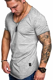 Oversize Herren Vintage T-Shirt V-Neck Basic V-Ausschnitt Shirt 6008 Hellgrau M