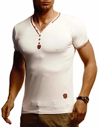 Herren T-Shirt V-Ausschnitt Weißes Kurzarmshirt Sweatshirt Kurzarm Longsleeve Basic Sommer Shirt Slim Fit LN1390 M Beige