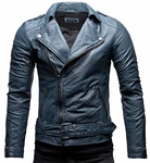 Crone Fynn Herren Biker Lederjacke Basic mit Gürtel und Reverskragen Stahlblau