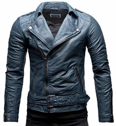 Crone Fynn Herren Biker Lederjacke Basic mit Gürtel und Reverskragen Stahlblau