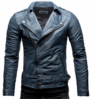 Crone Fynn Herren Biker Lederjacke Basic mit Gürtel und Reverskragen Stahlblau Crone Fynn Herren Biker Lederjacke Basic mit Gürtel und Reverskragen Stahlblau