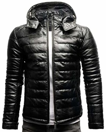 Venice Herren Eco-Lederjacke Vegane Basic Steppjacke Jacke mit Kapuze (M, Crocodile Black (Ecoleder))