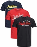 JACK & JONES Herren T Shirt 3er Pack Print Mix Rundhals Tee Regular Slim Fit O Neck Ausschnitt Blau