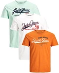 JACK & JONES Herren T Shirt 3er Pack Print Mix Rundhals Tee Regular Slim Fit O Neck Ausschnitt Grau/Orange