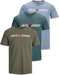 JACK & JONES Herren T Shirt 3er Pack Print Mix Rundhals Tee Regular Slim Fit O Neck Ausschnitt Grau