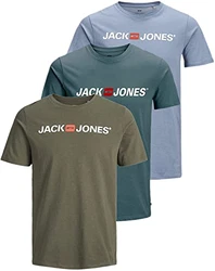JACK & JONES Herren T Shirt 3er Pack Print Mix Rundhals Tee Regular Slim Fit O Neck Ausschnitt Grau
