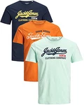 JACK & JONES Herren T Shirt 3er Pack Print Mix Rundhals Tee Regular Slim Fit O Neck Ausschnitt Blau/Grün