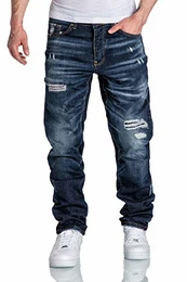 Herren Jeans Regular Straight Fit Denim Hose Destroyed 7984 Dunkelblau (Patches) W32/L32
