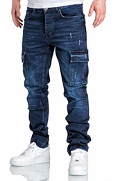 Herren Cargo Jeans Regular Slim Denim Hose Destroyed 7985 Dunkelblau W32/L32