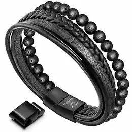 Armband Herren Leder Armband Naturstein Armband lederarmband Herren (22, Lava,schwarz)