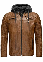 Lederjacke mit abnehmbarer Kapuze Bikerjacke Herren Kunstleder Dirtybraun M