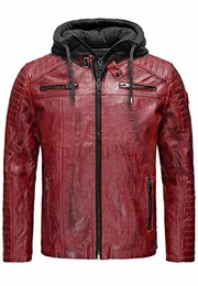 Lederjacke mit abnehmbarer Kapuze Bikerjacke Herren Kunstleder Dirtyrot M