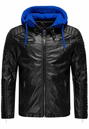 Redbridge Herren Lederjacke Kunstleder Bikerjacke mit Kapuze Schwarz-Blau M