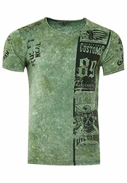 T-Shirt Herren Kurzarm Rundhals T Shirt für Männer Front & Back Print Regular Fit Washed Tshirt 234, Farbe:Khaki, Größe S-3XL:M