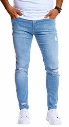 Herren Jeans Hose Slim Fit Denim Blaue Schwarze Destroyed Jeanshose für Männer Coole Jungen weiße Stretch Freizeithose Sommer Winter zerrissen Slim Fit LN5419 Hell Blau W32/L32