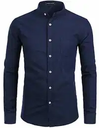 Herren Slim Fit Einfarbig Langarm Stehkragen Oxford Hemd mit Brusttasche PZ112 Navy M
