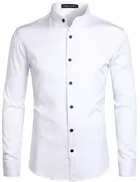 Herren Einfarbig Slim Fit Bügelleicht Langarm Stehhkragen Hemd Business Freizeithemd Weiß M