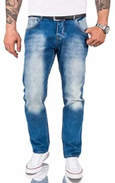 Herren Jeans Hose Comfort Fit Jeans Herrenjeans Herrenhose Denim Stonewashed Basic Weites Bein Raw RC-3119 Blau W32 L32