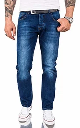 Herren Jeans Hose Comfort Fit Jeans Herrenjeans Herrenhose Denim Stonewashed Basic Weites Bein Raw RC-3120 Blau W32 L32