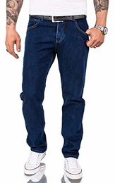 Herren Jeans Hose Comfort Fit Jeans Herrenjeans Herrenhose Denim Stonewashed Basic Weites Bein Raw RC-3100 Dunkelblau W32 L32