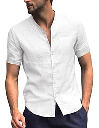Herren Hemd KurzarmLeinenhemd aus Baumwollemischung Regular Fit Freizeithemd Leinen Shirt Weiß S