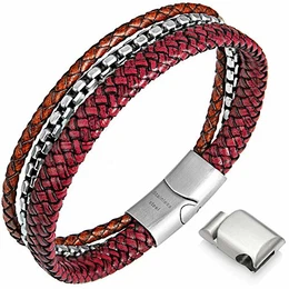 Herren Armband,Leder Armbänder für Herren,Männer Edelstahl Armband mit Magnetverschluss (Red, 8.7)