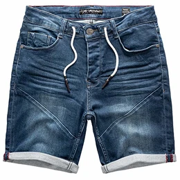 Herren Jeans Shorts Kordel Destroyed Kurze Hose Sommer Bermuda Verwaschen J5000 D-Blau W32