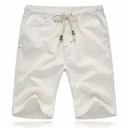 Kurze Hosen Herren Shorts Sommer Baumwolle Leinen mit Gummizug Taschen Weiß M
