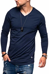 Herren Langarmshirt Infinity Longshirt V-Neck T-Shirt Casual Basic (M, Navy Blazer)