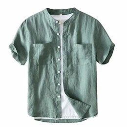 Herren Leinen Hemd Lose Fit Button-down Kurzarm-Shirt Reine Farbe Basic Brusttasche Freizeithemd Sommer Strand Reise Atmungsaktives Hemd (Grün, XL)