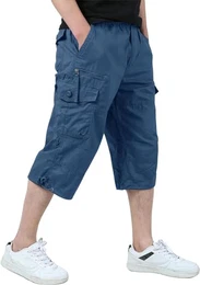 Bermuda Shorts Herren 3/4 Caprihose Cargo Hose Atmungsaktiv Armee Shorts Safari Hose Männer Cargobermudas Sommer Light Navy EU 32, CN L