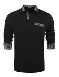 Herren Polohemd Einfarbig Basic Langarm Poloshirt Kontrast Kragen mit kariert